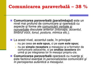 Comunicarea paraverbală – 38 %
 Comunicarea paraverbală (paralimbajul) este un
nivel mai profund de comunicare şi operează cu
aspecte şi forme ale comunicării verbale şi
nonverbale discutate anterior (intonaţia, accentul,
timbrul vocii, tonul, postura, mimica etc.).
 La acest nivel, accentul cade, în principal:
 nu pe ceea ce este spus, ci pe cum este spus;
 nu pe simpla receptare a mesajului şi a formelor de
comunicare adiacente, ci pe analiza acestora din
urmă şi pe integrarea lor în mesajul propriu-zis.
 Comunicarea paraverbală operează cu nuanţe şi
este factorul esenţial în personalizarea comunicării şi
în perceperea autentică a mesajului.
 