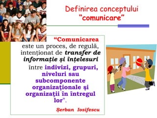 Definirea conceptului
“comunicare”
“Comunicarea
este un proces, de regulă,
intenţionat de transfer de
informaţie şi înţelesuri
între indivizi, grupuri,
niveluri sau
subcomponente
organizaţionale şi
organizaţii în întregul
lor”.
Şerban Iosifescu
 