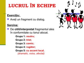 LUCRUL ÎN ECHIPE
Exerciţiu:
 Aveţi un fragment cu dialog.
Sarcina:
 De citit/interpretat fragmentul ales
în conformitate cu tonul alocat.
Grupa 1: neutru;
Grupa 2: trist;
Grupa 3: comic;
Grupa 4: rugător;
Grupa 5: cu accent local.
(dramatic, voios, afectat)
 