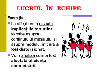 LUCRUL ÎN ECHIPE
Exerciţiu:
 La sfîrşit, vom discuta
implicaţiile tonurilor
folosite asupra
conţinutului mesajului şi
asupra modului în care a
fost distorsionat.
 Vom analiza cum a fost
afectată eficienţa
comunicării.
 