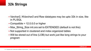 Copyright © 2012, Oracle and/or its affiliates. All rights reserved. Insert Information Protection Policy Classification from Slide 1314
32k Strings
 Varchar2, NVarchar2 and Raw datatypes may be upto 32k in size, like
in PL/SQL
 Compatible = 12.0.0.0 or higher
 Max_String_Size init.ora set to EXTENDED (default is not this)
 Not supported in clustered and index organized tables
 Will be stored out of line (LOB) but work just like long strings to your
program
 