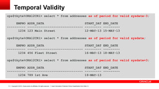 Copyright © 2012, Oracle and/or its affiliates. All rights reserved. Insert Information Protection Policy Classification from Slide 139
Temporal Validity
ops$tkyte%ORA12CR1> select * from addresses as of period for valid sysdate-3;
EMPNO ADDR_DATA START_DAT END_DATE
---------- ------------------------------ --------- ---------
1234 123 Main Street 12-MAY-13 15-MAY-13
ops$tkyte%ORA12CR1> select * from addresses as of period for valid sysdate;
EMPNO ADDR_DATA START_DAT END_DATE
---------- ------------------------------ --------- ---------
1234 456 Fleet Street 16-MAY-13 18-MAY-13
ops$tkyte%ORA12CR1> select * from addresses as of period for valid sysdate+3;
EMPNO ADDR_DATA START_DAT END_DATE
---------- ------------------------------ --------- ---------
1234 789 1st Ave 19-MAY-13
 