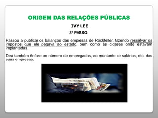 ORIGEM DAS RELAÇÕES PÚBLICAS
IVY LEE
3º PASSO:
Passou a publicar os balanços das empresas de Rockfeller, fazendo ressalvar os
impostos que ele pagava ao estado, bem como às cidades onde estavam
implantadas.
Deu também ênfase ao número de empregados, ao montante de salários, etc. das
suas empresas.
 