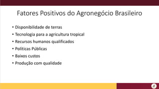 Fatores Positivos do Agronegócio Brasileiro
• Disponibilidade de terras
• Tecnologia para a agricultura tropical
• Recursos humanos qualificados
• Políticas Públicas
• Baixos custos
• Produção com qualidade
 