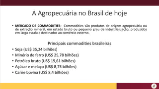 A Agropecuária no Brasil de hoje
• MERCADO DE COMMODITIES: Commodities são produtos de origem agropecuária ou
de extração mineral, em estado bruto ou pequeno grau de industrialização, produzidos
em larga escala e destinados ao comércio externo.
Principais commodities brasileiras
• Soja (US$ 35,24 bilhões)
• Minério de ferro (US$ 25,78 bilhões)
• Petróleo bruto (US$ 19,61 bilhões)
• Açúcar e melaço (US$ 8,75 bilhões)
• Carne bovina (US$ 8,4 bilhões)
 