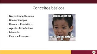 Conceitos básicos
• Necessidade Humana
• Bens e Serviços
• Recursos Produtivos
• Agentes Econômicos
• Mercado
• Fluxos e Estoques
 