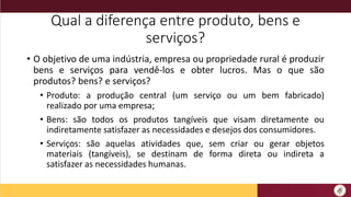 Qual a diferença entre produto, bens e
serviços?
• O objetivo de uma indústria, empresa ou propriedade rural é produzir
bens e serviços para vendê-los e obter lucros. Mas o que são
produtos? bens? e serviços?
• Produto: a produção central (um serviço ou um bem fabricado)
realizado por uma empresa;
• Bens: são todos os produtos tangíveis que visam diretamente ou
indiretamente satisfazer as necessidades e desejos dos consumidores.
• Serviços: são aquelas atividades que, sem criar ou gerar objetos
materiais (tangíveis), se destinam de forma direta ou indireta a
satisfazer as necessidades humanas.
 