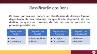 Classificação dos Bens
• Os bens, por sua vez, podem ser classificados de diversas formas,
dependendo de sua natureza, da quantidade disponível, de seu
destino, de quem os consome, da fase em que se encontra no
processo produtivo etc.
Segundo seu
caráter
• Livres
• Econômicos
Segundo sua
função
• Intermediários
• Finais
Segunda sua
Natureza
• De capital
• De consumo
Segundo sua
propriedade
• Privados
• Públicos
 