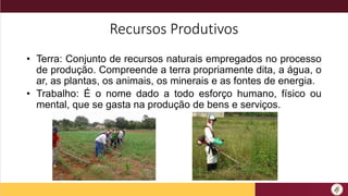 Recursos Produtivos
• Terra: Conjunto de recursos naturais empregados no processo
de produção. Compreende a terra propriamente dita, a água, o
ar, as plantas, os animais, os minerais e as fontes de energia.
• Trabalho: É o nome dado a todo esforço humano, físico ou
mental, que se gasta na produção de bens e serviços.
 