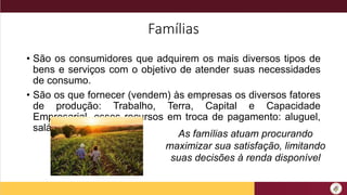 Famílias
• São os consumidores que adquirem os mais diversos tipos de
bens e serviços com o objetivo de atender suas necessidades
de consumo.
• São os que fornecer (vendem) às empresas os diversos fatores
de produção: Trabalho, Terra, Capital e Capacidade
Empresarial, esses recursos em troca de pagamento: aluguel,
salário, juros e lucro.
As famílias atuam procurando
maximizar sua satisfação, limitando
suas decisões à renda disponível
 