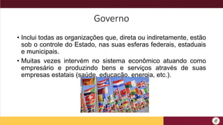 Governo
• Inclui todas as organizações que, direta ou indiretamente, estão
sob o controle do Estado, nas suas esferas federais, estaduais
e municipais.
• Muitas vezes intervém no sistema econômico atuando como
empresário e produzindo bens e serviços através de suas
empresas estatais (saúde, educação, energia, etc.).
 