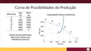 Curva de Possibilidades de Produção
A
B
C
D
E
F
G
Dentro da área delimitada
pela curva, temos uma
ineficiência (ponto G)
Capacidade Ociosa (Ineficiência)
 