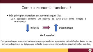 Como a economia funciona ?
• Três princípios norteiam essa primeira questão:
10. A sociedade enfrenta um tradeoff de curto prazo entre inflação e
desemprego
Inflação Desemprego
Você escolhe!
Está provado que, anos com baixo desemprego tendem a apresentar baixa inflação. Assim sendo,
em períodos de um ou dois anos a inflação e o desemprego tendem a seguir direções opostas.
 