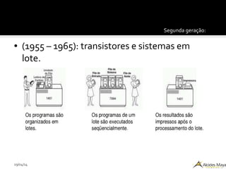 29/04/14
Segunda geração:
● (1955 – 1965): transistores e sistemas em
lote.
 