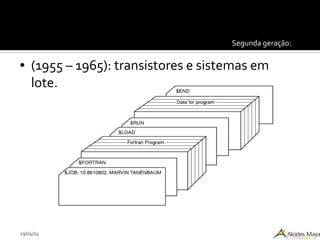 29/04/14
Segunda geração:
● (1955 – 1965): transistores e sistemas em
lote.
 