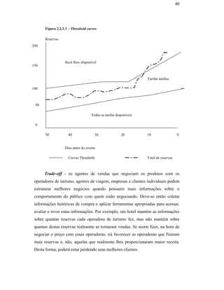 40




                                                      Figura 2.2.3.3 – Threshold curves

                                                      Reservas
                                               200



                                                                  Rack Rate disponível
                                               150


                                                                                                                  Tarifas médias

                                               100



                                                50
PUC-Rio - Certificação Digital Nº 0016116/CA




                                                                                   Todas as tarifas disponíveis

                                                0

                                                      50            40                 30              20         10                  0


                                                                  Dias antes do evento

                                                                    Curvas Threshold                              Total de reservas



                                                     Trade-off - os agentes de vendas que negociam os produtos com os
                                                operadores de turismo, agentes de viagem, empresas e clientes individuais podem
                                                estruturar melhores negócios quando possuem mais informações sobre o
                                                comportamento do público com quem estão negociando. Deve-se então coletar
                                                informações históricas de compra e aplicar ferramentas apropriadas para acessar,
                                                avaliar e rever estas informações. Por exemplo, um hotel mantém as informações
                                                sobre quantas reservas cada operadora de turismo fez, mas não mantém sobre
                                                quantas destas reservas realmente se tornaram vendas. Se assim fizer, na hora de
                                                negociar o preço com essas operadoras, irá favorecer as operadoras que fizeram
                                                mais reservas e, não, aquelas que realmente lhes proporcionaram maior receita.
                                                Desta forma, poderá estar perdendo seus melhores clientes.
 