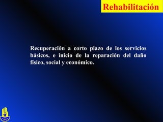 Recuperación a corto plazo de los servicios básicos, e inicio de la reparación del daño físico, social y económico. Rehabilitación   
