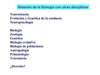 Neurociencia Evolución y Genética de la conducta Neuropsicología Biología Zoología Genética Biología evolutiva Biología de poblaciones Antropología Primatología Veterinaria ¿Derecho? Relación de la Etología con otras disciplinas 
