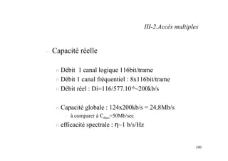 100
– Capacité réelle
n Débit 1 canal logique 116bit/trame
n Débit 1 canal fréquentiel : 8x116bit/trame
n Débit réel : Di=116/577.10-6~200kb/s
n Capacité globale : 124x200kb/s = 24,8Mb/s
– à comparer à Ctheo=50Mb/sec
n efficacité spectrale : η~1 b/s/Hz
III-2.Accès multiples
 