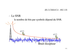 111
n Le SNR
– le nombre de bits par symbole dépend du SNR.
Bruit récepteur
III-2.CSMA/CA : 802.11b
 