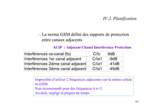 141
n La norme GSM défini des rapports de protection
entre canaux adjacents
Interférences co-canal (fo) C/Ic 9dB
Interférences 1er canal adjacent C/Ia1 -9dB
Interférences 2ième canal adjacent C/Ia1 -41dB
Interférences 3ième canal adjacent C/Ia1 -49dB
Impossible d’utiliser 2 fréquences adjacentes sur la même cellule
en GSM.
Non recommandé pour des fréquences à n+2
Au-delà, négligé la plupart du temps
ACIP : Adjacent Chanel Interference Protection
IV-2. Planification
 