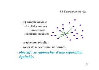 30
– C) Graphe associé
n k cellules voisines
– (recouvrement)
n n cellules brouillées
– graphe non régulier,
– zones de services non uniformes
n objectif : se rapprocher d’une répartition
équitable.
I-3 Environnement réel
 