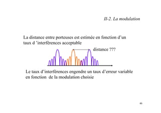 46
La distance entre porteuses est estimée en fonction d’un
taux d ’interférences acceptable
Le taux d’interférences engendre un taux d’erreur variable
en fonction de la modulation choisie
distance ???
II-2. La modulation
 