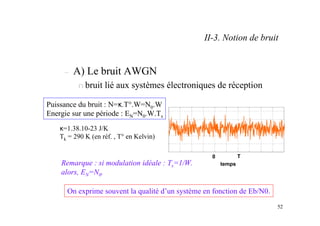 52
– A) Le bruit AWGN
n bruit lié aux systèmes électroniques de réception
II-3. Notion de bruit
Puissance du bruit : N=κ.T°.W=N0.W
Energie sur une période : EN=N0.W.Ts
0 T
temps
Remarque : si modulation idéale : Ts=1/W.
alors, EN=N0.
On exprime souvent la qualité d’un système en fonction de Eb/N0.
κ=1.38.10-23 J/K
Tk = 290 K (en réf. , T° en Kelvin)
 