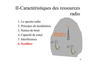 66
– 1. Le spectre radio
– 2. Principes de modulation
– 3. Notion de bruit
– 4. Capacité de canal
– 5. Interférences
– 6. Synthèse
II-Caractéristiques des ressources
radio
 