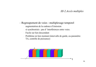 94
n Regroupement de voies : multiplexage temporel
– augmentation de la cadence d’émission
– si synchronisés : pas d ’interférences entre voies.
– Facile sur lien descendant
– Problème en lien montant (intervalle de garde, ou paramètre
TA, contrôle de puissance)
t
III-2.Accès multiples
 