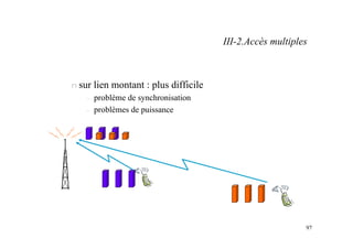 97
n sur lien montant : plus difficile
– problème de synchronisation
– problèmes de puissance
III-2.Accès multiples
 