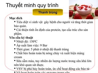 Thuyết minh quy trình
Thanh trùngThanh trùng
Mục đích
 Tiêu diệt vi sinh vật gây bệnh cho người và tăng thời gian
bảo quản.
 Cải thiện tính ổn định của protein, tạo cấu trúc cho sản
phẩm.
Yêu cầu kỷ thuật
 Nhiệt độ: 1500
C
 Áp suất làm việc: 9 Bar
 Thời gian: 5 phút ở nhiệt độ thanh trùng
 Chất béo hoàn toàn bị nóng chảy và xuất hiện màng
cream
 Sữa sẫm màu, tuy nhiên do lượng nước trong sữa khá lớn
nên khó quan sát đuợc.
 VSV bị phá hủy hoàn toàn, ức chế hoạt động các bào tử
 