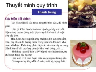 Thuyết minh quy trình
Thanh trùngThanh trùng
Các biến đổi chính:
Vật lý: nhiệt độ sữa tăng, tăng thể tích sữa , độ nhớt
giảm
Hóa lý: Chất béo hoàn toàn bị nóng chảy và xuất
hiện màng cream đồng thời gây ra sự kết dính ở bề mặt
tiểu cầu béo.
Hóa học: Xảy ra phản ứng melanoidin làm sữa sẫm
màu, tuy nhiên do lượng nước trong sữa khá lớn nên khó
quan sát đuợc. Phản ứng phân hủy các vitamin xảy ra trong
điều kiện có khí oxy hay có mặt kim loại: đồng , sắt…
Sinh học : các tế bào VSV bị phá hủy hoàn toàn, ức
chế hoạt động các bào tử
Hóa sinh : vô hoạt hoàn toàn các enzyme trong sữa.
Cảm quan: sự thay đổi về màu, mùi, vị, trạng thái,
…
 