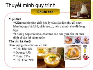 Thuyết minh quy trình
Chuẩn hóaChuẩn hóa
Mục đích
Kiểm tra các tính chất hóa lý của sữa đặc như độ nhớt,
hàm lượng chất khô, chất béo…, nếu đạt mới cho đi đóng
hộp.
Trường hợp chất khô, chất béo cao hơn yêu cầu thì phải
định chuẩn lại bằng nước
Yêu cầu kỷ thuật
Hàm lượng các chất sau cô đặc:
 Chất béo: 8%
 Đường: 45%
 Nước: 27%
 Chất khô: 20%
 