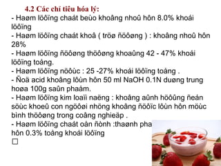 4.2 Các chỉ tiêu hóa lý:
- Haøm löôïng chaát beùo khoâng nhoû hôn 8.0% khoái
löôïng
- Haøm löôïng chaát khoâ ( tröø ñöôøng ) : khoâng nhoû hôn
28%
- Haøm löôïng ñöôøng thöôøng khoaûng 42 - 47% khoái
löôïng toång.
- Haøm löôïng nöôùc : 25 -27% khoái löôïng toång .
- Ñoä acid khoâng lôùn hôn 50 ml NaOH 0.1N duøng trung
hoøa 100g saûn phaåm.
- Haøm löôïng kim loaïi naëng : khoâng aûnh höôûng ñeán
söùc khoeû con ngöôøi nhöng khoâng ñöôïc lôùn hôn möùc
bình thöôøng trong coâng nghieäp .
- Haøm löôïng chaát oån ñònh :thaønh phaàn khoâng lôùn
hôn 0.3% toång khoái löôïng

 