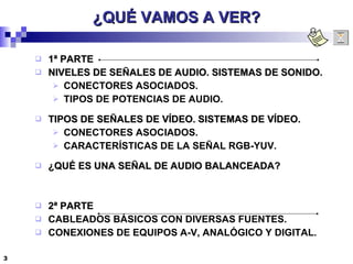 ¿QUÉ VAMOS A VER? 1ª PARTE NIVELES DE SEÑALES DE AUDIO. SISTEMAS DE SONIDO. CONECTORES ASOCIADOS. TIPOS DE POTENCIAS DE AUDIO. TIPOS DE SEÑALES DE VÍDEO. SISTEMAS DE VÍDEO. CONECTORES ASOCIADOS. CARACTERÍSTICAS DE LA SEÑAL RGB-YUV. ¿QUÉ ES UNA SEÑAL DE AUDIO BALANCEADA? 2ª PARTE CABLEADOS BÁSICOS CON DIVERSAS FUENTES. CONEXIONES DE EQUIPOS A-V, ANALÓGICO Y DIGITAL. 