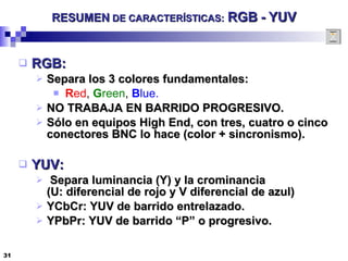 RESUMEN  DE CARACTERÍSTICAS:   RGB   -   YUV RGB:   Separa los 3 colores fundamentales: R ed ,  G reen ,  B lue. NO TRABAJA EN BARRIDO PROGRESIVO. Sólo en equipos High End, con tres, cuatro o cinco conectores BNC lo hace (color + sincronismo). YUV: Separa luminancia (Y) y la crominancia  (U: diferencial de rojo y V diferencial de azul) YCbCr: YUV de barrido entrelazado. YPbPr: YUV de barrido “P” o progresivo. 