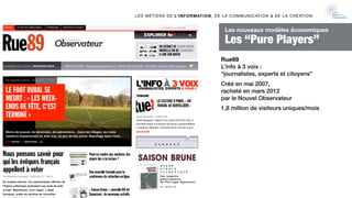 Rue89 
L’info à 3 voix : 
“journalistes, experts et citoyens”
Créé en mai 2007,  
racheté en mars 2012  
par le Nouvel Obs...