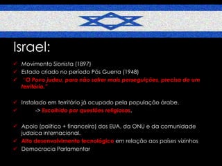 Israel:
 Movimento Sionista (1897)
 Estado criado no período Pós Guerra (1948)
 “O Povo judeu, para não sofrer mais perseguições, precisa de um
território.”
 Instalado em território já ocupado pela população árabe.

-> Escolhido por questões religiosas.
 Apoio (político + financeiro) dos EUA, da ONU e da comunidade
judaica internacional.
 Alto desenvolvimento tecnológico em relação aos países vizinhos
 Democracia Parlamentar

 
