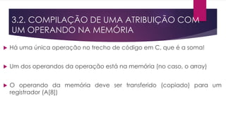  Há uma única operação no trecho de código em C, que é a soma!
 Um dos operandos da operação está na memória (no caso, o array)
 O operando da memória deve ser transferido (copiado) para um
registrador (A[8])
3.2. COMPILAÇÃO DE UMA ATRIBUIÇÃO COM
UM OPERANDO NA MEMÓRIA
 