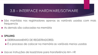 3.B – INTERFACE HARDWARE/SOTWARE
 São mantidas nos registradores apenas as variáveis usadas com mais
frequencia
 As demais são colocadas na memória
 SPILLING
 DERRAMAMENTO DE REGISTRADORES:
 É o processo de colocar na memória as variáveis menos usadas
 Usa-se instruções de load/store para transferência M<-->R
 