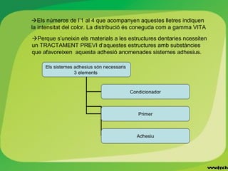 Els números de l’1 al 4 que acompanyen aquestes lletres indiquen
la intensitat del color. La distribució és coneguda com a gamma VITA
Perque s’uneixin els materials a les estructures dentaries ncessiten
un TRACTAMENT PREVI d’aquestes estructures amb substàncies
que afavoreixen aquesta adhesió anomenades sistemes adhesius.
Els sistemes adhesius són necessaris
3 elements
Condicionador
Primer
Adhesiu
 
