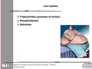 Les Lipides



           Triglycérides (graisses et huiles)
           Phospholipides
           Stéroïdes




     Opérateur de Production dans les Industries de Santé – Module 2
11
     Stéphanie Bordin
 