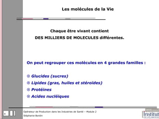 Les molécules de la Vie




                           Chaque être vivant contient
             DES MILLIERS DE MOLECULES différentes.




      On peut regrouper ces molécules en 4 grandes familles :


       Glucides (sucres)
       Lipides (gras, huiles et stéroïdes)
       Protéines
       Acides nucléiques


    Opérateur de Production dans les Industries de Santé – Module 2
4
    Stéphanie Bordin
 
