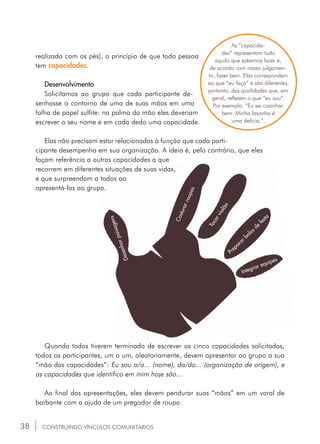 38
Desenharpaisagens
Costurarroupas
Tocarviolão
Preparar bolos de
festa
Integrar equipes
realizado com os pés), o princípio de que toda pessoa
tem capacidades.
Desenvolvimento
Solicitamos ao grupo que cada participante de-
senhasse o contorno de uma de suas mãos em uma
folha de papel sulfite: na palma da mão eles deveriam
escrever o seu nome e em cada dedo uma capacidade.
Elas não precisam estar relacionadas à função que cada parti-
cipante desempenha em sua organização. A ideia é, pelo contrário, que eles
façam referência a outras capacidades a que
recorrem em diferentes situações de suas vidas,
e que surpreendam a todos ao
apresentá-las ao grupo.
Quando todos tiverem terminado de escrever as cinco capacidades solicitadas,
todos os participantes, um a um, aleatoriamente, devem apresentar ao grupo a sua
“mão das capacidades”: Eu sou o/a... (nome), da/do... (organização de origem), e
as capacidades que identifico em mim hoje são...
Ao final das apresentações, eles devem pendurar suas “mãos” em um varal de
barbante com a ajuda de um pregador de roupa.
CONSTRUINDO VÍNCULOS COMUNITÁRIOS
As “capacida-
des” representam tudo
aquilo que sabemos fazer e,
de acordo com nosso julgamen-
to, fazer bem. Elas correspondem
ao que “eu faço” e são diferentes,
portanto, das qualidades que, em
geral, refletem o que “eu sou”.
Por exemplo: “Eu sei cozinhar
bem. Minha lasanha é
uma delícia.”.
 
