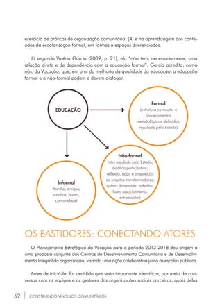 62
exercício de práticas de organização comunitária; (4) e na aprendizagem dos conte-
údos da escolarização formal, em formas e espaços diferenciados.
Já segundo Valéria Garcia (2009, p. 21), ela “não tem, necessariamente, uma
relação direta e de dependência com a educação formal”. Garcia acredita, como
nós, da Vocação, que, em prol da melhoria da qualidade da educação, a educação
formal e a não-formal podem e devem dialogar.
CONSTRUINDO VÍNCULOS COMUNITÁRIOS
EDUCAÇÃO
Informal
(família, amigos,
vizinhos, bairro,
comunidade)
Não-formal
(não regulada pelo Estado;
didática participativa;
reflexão, ação e proposição
de projetos transformadores;
quatro dimensões: trabalho,
lazer, associativismo,
extraescolar)
Formal
(estrutura curricular e
procedimentos
metodológicos definidos;
regulada pelo Estado)
O Planejamento Estratégico da Vocação para o período 2013-2018 deu origem a
uma proposta conjunta dos Centros de Desenvolvimento Comunitário e de Desenvolvi-
mento Integral da organização, visando uma ação colaborativa junto às escolas públicas.
Antes de iniciá-la, foi decidido que seria importante identificar, por meio de con-
versas com as equipes e os gestores das organizações sociais parceiras, quais delas
OS BASTIDORES: CONECTANDO ATORES
 