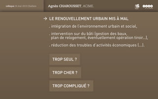 PANTONE
ROUGE : 1805 C
colloque 24 mai 2013 Challans Agnès CHAROUSSET, ACIME.
ÆÆ Le renouvellement urbain mis à mal
. inté...