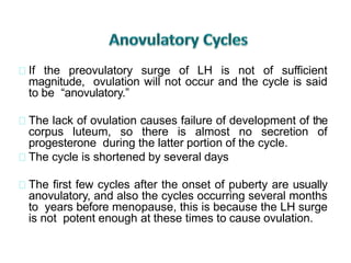 If the preovulatory surge of LH is not of sufficient
magnitude, ovulation will not occur and the cycle is said
to be “anovulatory.”
The lack of ovulation causes failure of development of the
corpus luteum, so there is almost no secretion of
progesterone during the latter portion of the cycle.
The cycle is shortened by several days
The first few cycles after the onset of puberty are usually
anovulatory, and also the cycles occurring several months
to years before menopause, this is because the LH surge
is not potent enough at these times to cause ovulation.
 