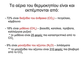 Τα αέρια του θερμοκηπίου είναι και εκπέμπονται από: -   72%  είναι  διοξείδιο του άνθρακα  ( CO 2 )  –  πετρέλαιο, κάρβουνο - 18%  είναι  μεθάνιο  ( CH 4 )  –  βοοειδή, κατσίκια, πρόβατα, καλλιέργεια ρυζιού  *  το μεθάνιο είναι  25  φορές  πιο καταστρεπτικό από το  CO 2   -  9%  είναι   μονοξείδιο του αζώτου   ( N 2 O )  –  λιπάσματα ** το μονοξείδιο του αζώτου είναι  310 φορές  πιο βλαβερό από το  CO 2 