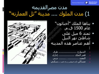 ‫مدن‬
‫مصرالقديمه‬
1
)
‫مدن‬
‫الملوك‬
....
‫مدينة‬
”
‫تل‬
‫العمارنه‬
“

‫بناها‬
‫الملك‬
”
‫أخناتون‬
“
‫عام‬
1500
‫ق‬
.
‫م‬
.

‫تمتد‬
6
‫على‬ ‫ميل‬
‫النيل‬ ‫نهر‬ ‫شاطئ‬

‫هذه‬ ‫عناصر‬ ‫أهم‬
‫المدينه‬
:
.1
‫الشوارع‬
........................
‫طرق‬
.2
‫قصر‬
‫الملك‬
.....................
‫إداري‬
.3
‫المعبد‬
..............
....
.........
‫ديني‬
.4
‫مساكن‬
)
‫القصر‬ ‫رجال‬ ‫و‬ ‫الموظفين‬ ‫كبار‬
(
...
‫سكني‬
Remove Watermark Wondershare
PDFelement
 